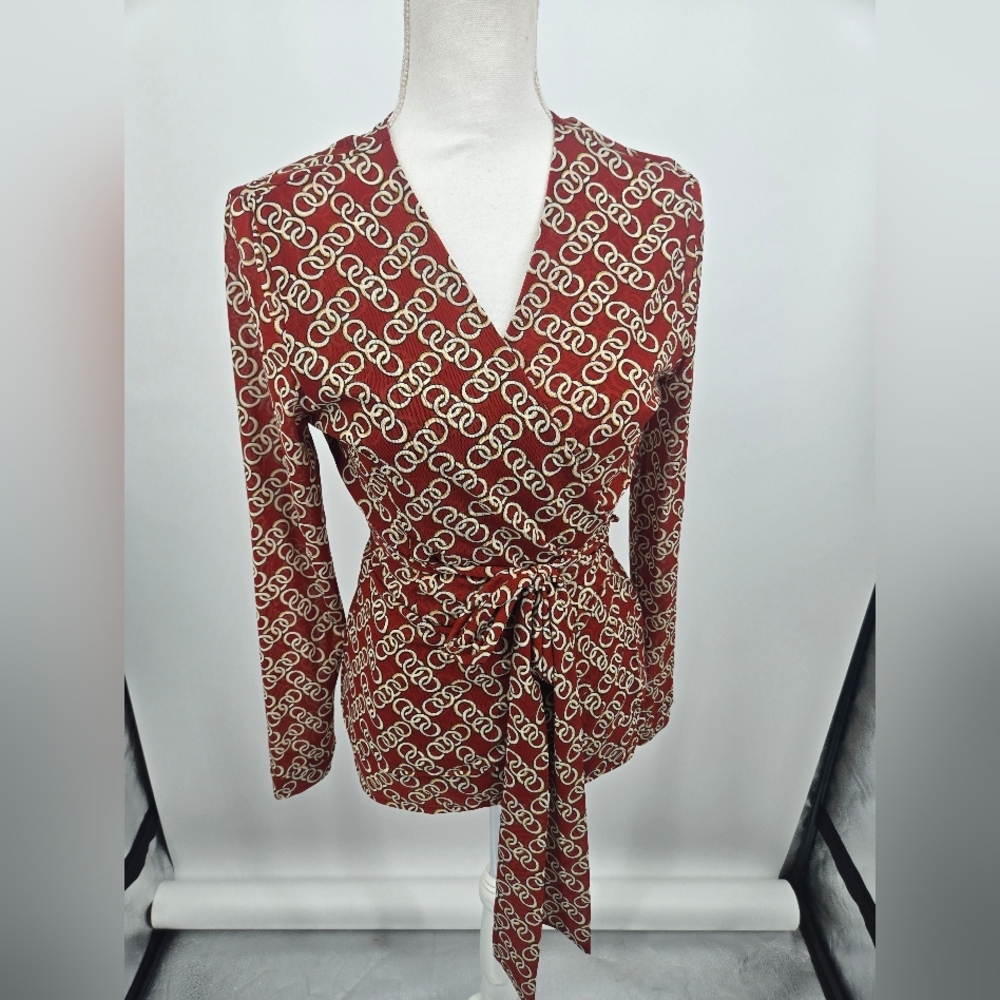 CAbi Orange and Tan Chain Print Wrap Mesh Blouse Medium (6304)